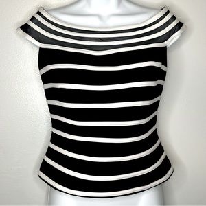 Cache Vintage Boatneck Bodycon Black & White Striped Top Size 2